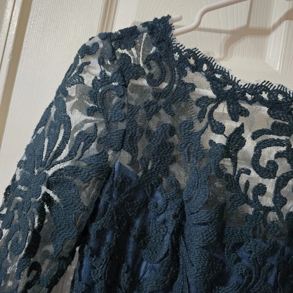 Tadashi Shoji Paillette Embroidered Lace & Tulle Sheath Dress in Teal, Sz 2, EUC - Picture 4 of 16